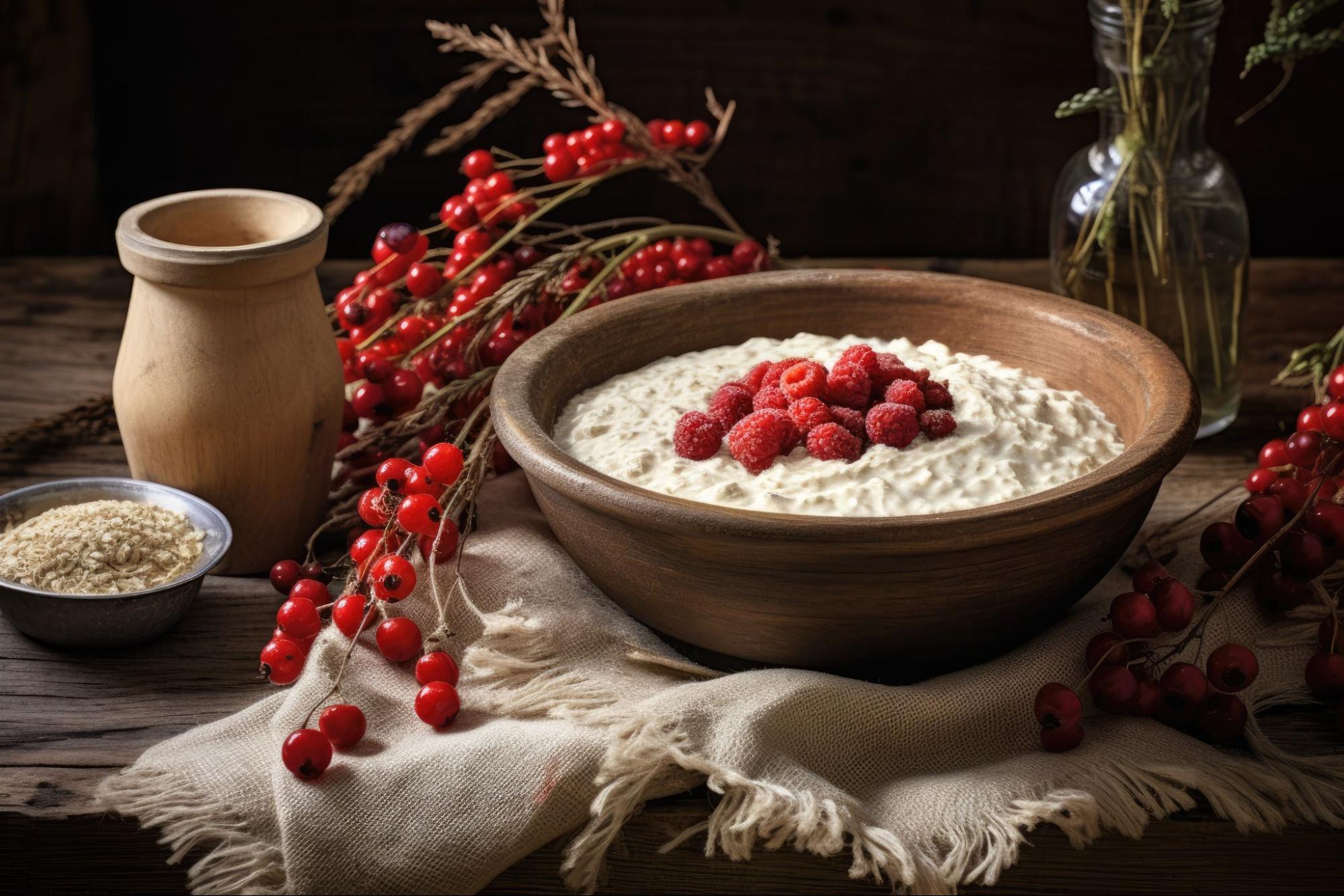 Обеденный деревянный стол, льняная салфетка, глиняная тарелка с овсяной кашей и малиной, ягоды клюквы, кувшин