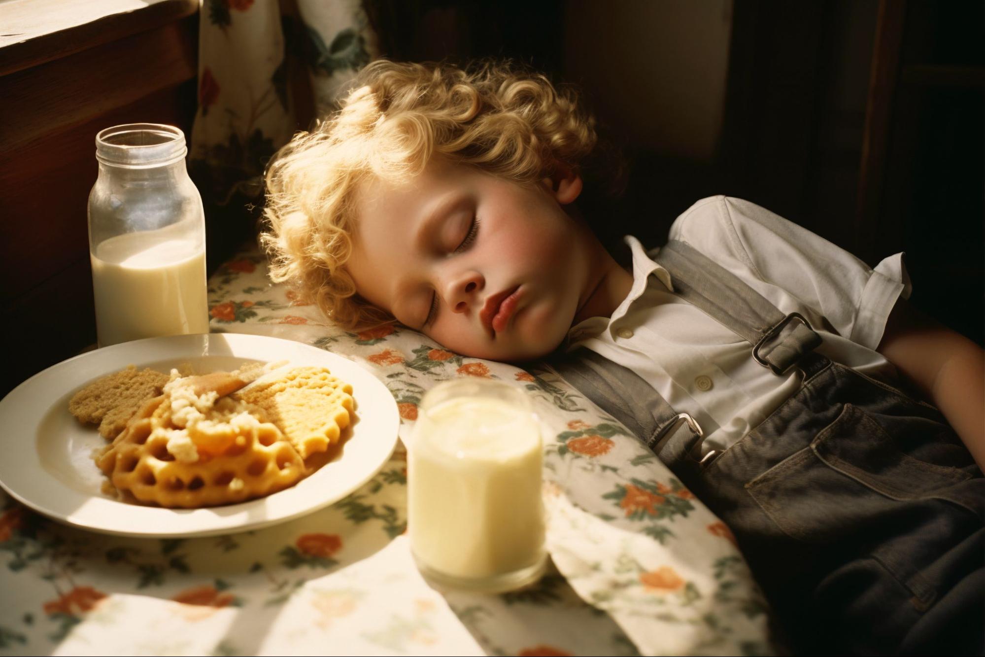 Ребенок уснул за столом с едой