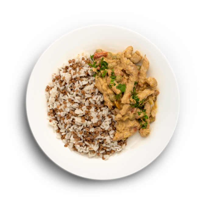 Фрикасе из цыпленка с гречкой и рисом