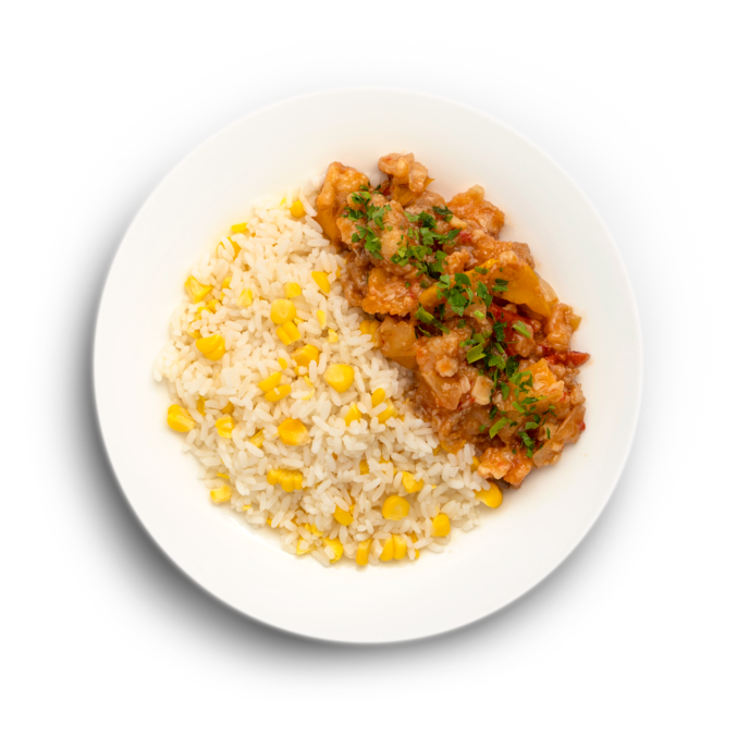 Кусочки рыбного филе в кисло-сладком соусе с рисом