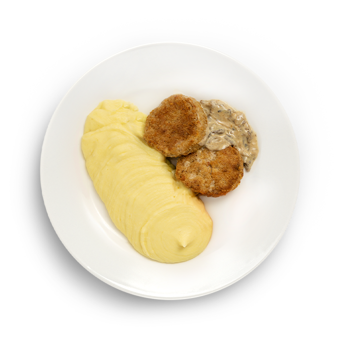 Биточки по-селянски с грибным соусом и картофельное пюре