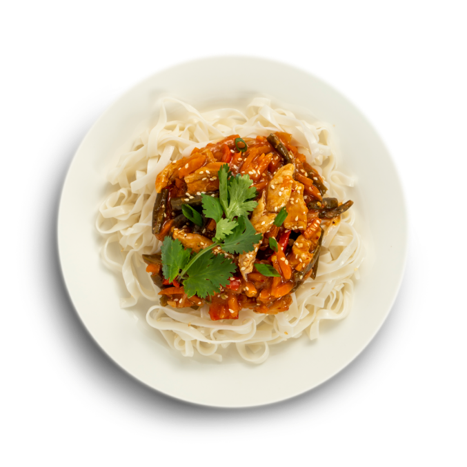 Рисовая лапша с индейкой в кисло-сладком соусе