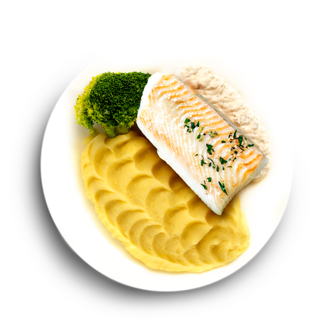 Стейк из трески с соусом тартар и картофельным пюре